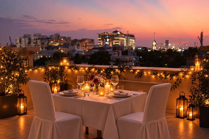 Candle-light dinner for two on the SRK Clasic rooftop terrace at dusk