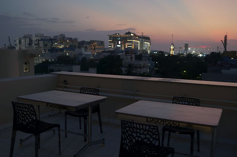 Rooftop dining terrace at SRK Clasic at dusk