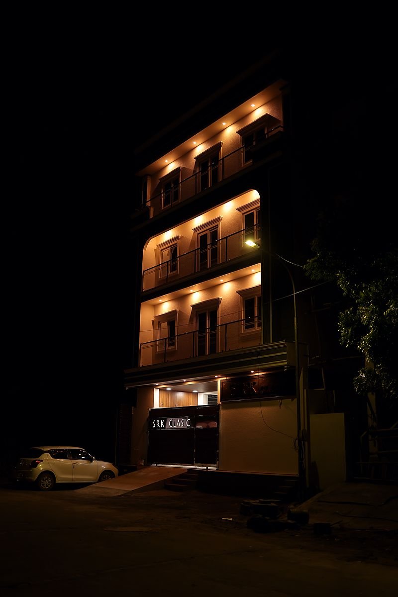 SRK Clasic lit up at night on 3rd Main Road, Devaraj Nagar, Sholinganallur